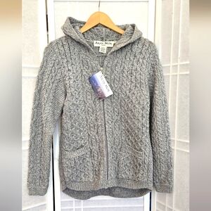 NWT ! ARAN MOR Ireland merino wool gray sweater cardigan cable knit